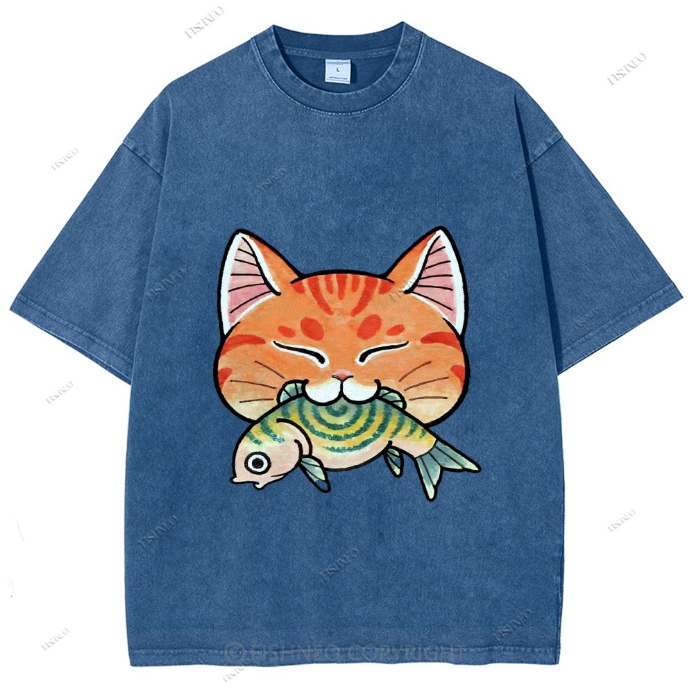 Unisex Vintage Cat Eat Fish Printed Washed Tee
