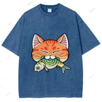 Unisex Vintage Cat Eat Fish Printed Washed Tee