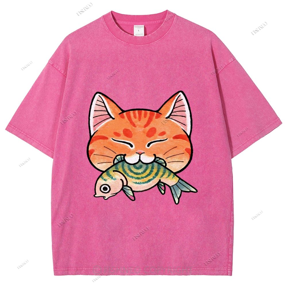Unisex Vintage Cat Eat Fish Printed Washed Tee