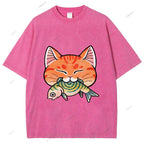Unisex Vintage Cat Eat Fish Printed Washed Tee