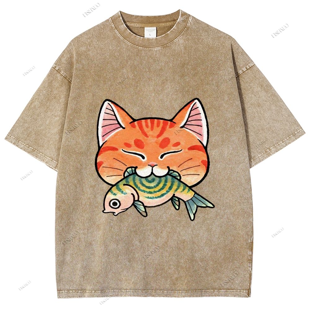 Unisex Vintage Cat Eat Fish Printed Washed Tee