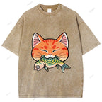 Unisex Vintage Cat Eat Fish Printed Washed Tee