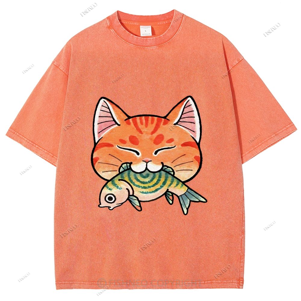 Unisex Vintage Cat Eat Fish Printed Washed Tee