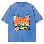 Unisex Vintage Cat Eat Fish Printed Washed Tee