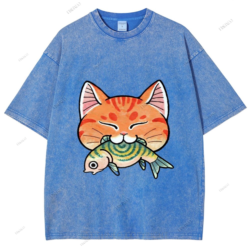 Unisex Vintage Cat Eat Fish Printed Washed Tee