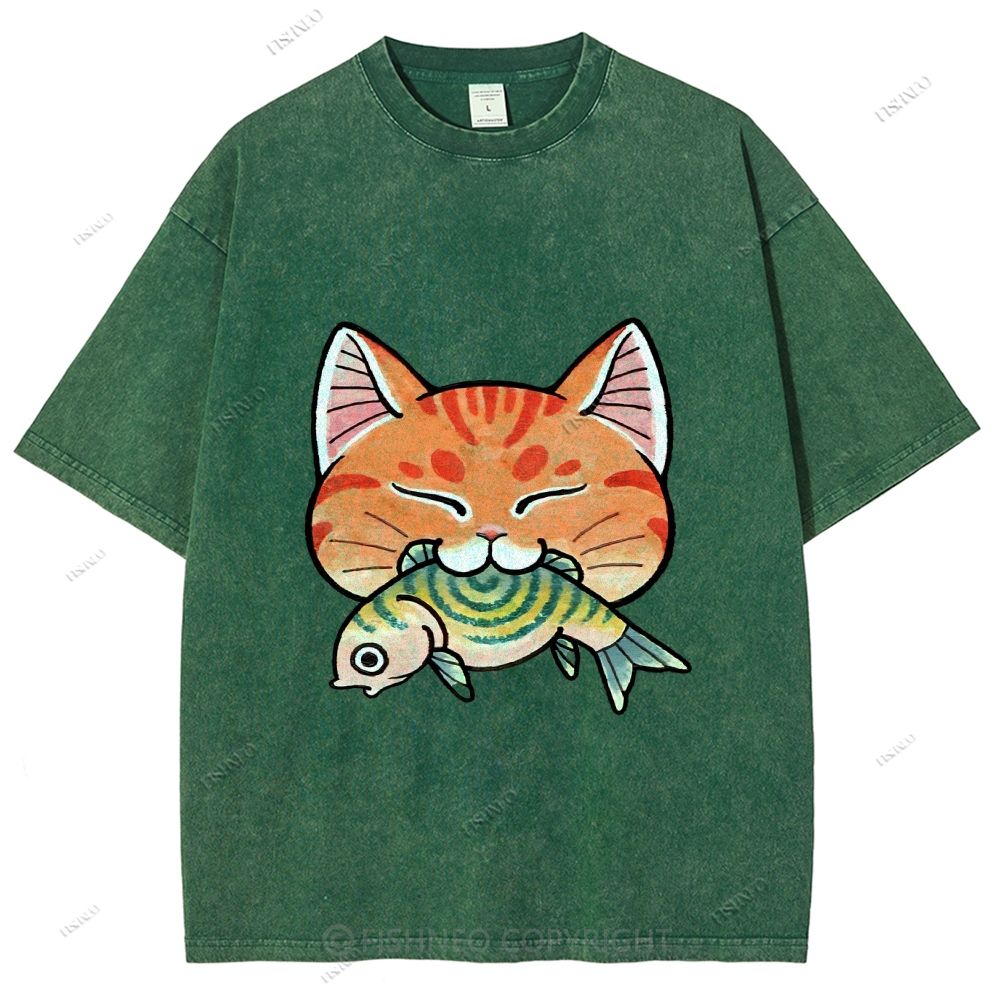 Unisex Vintage Cat Eat Fish Printed Washed Tee