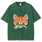 Unisex Vintage Cat Eat Fish Printed Washed Tee
