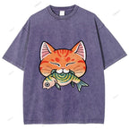 Unisex Vintage Cat Eat Fish Printed Washed Tee