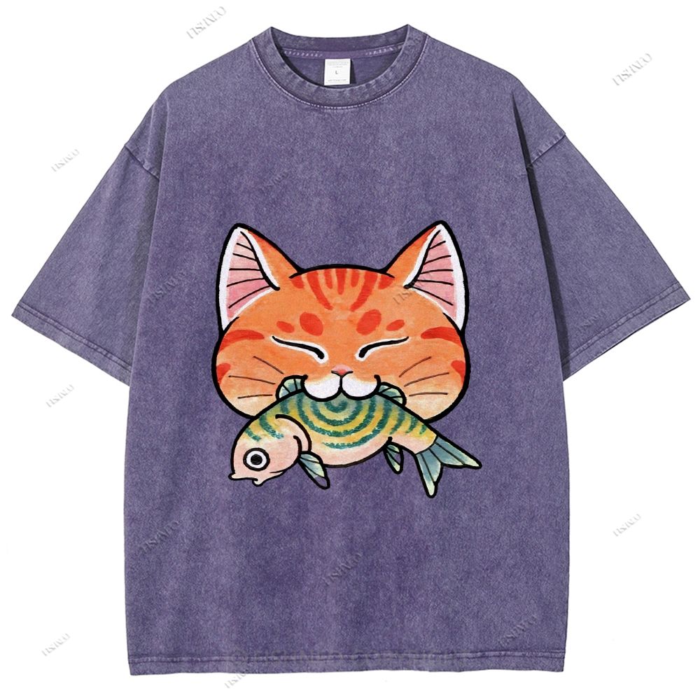 Unisex Vintage Cat Eat Fish Printed Washed Tee