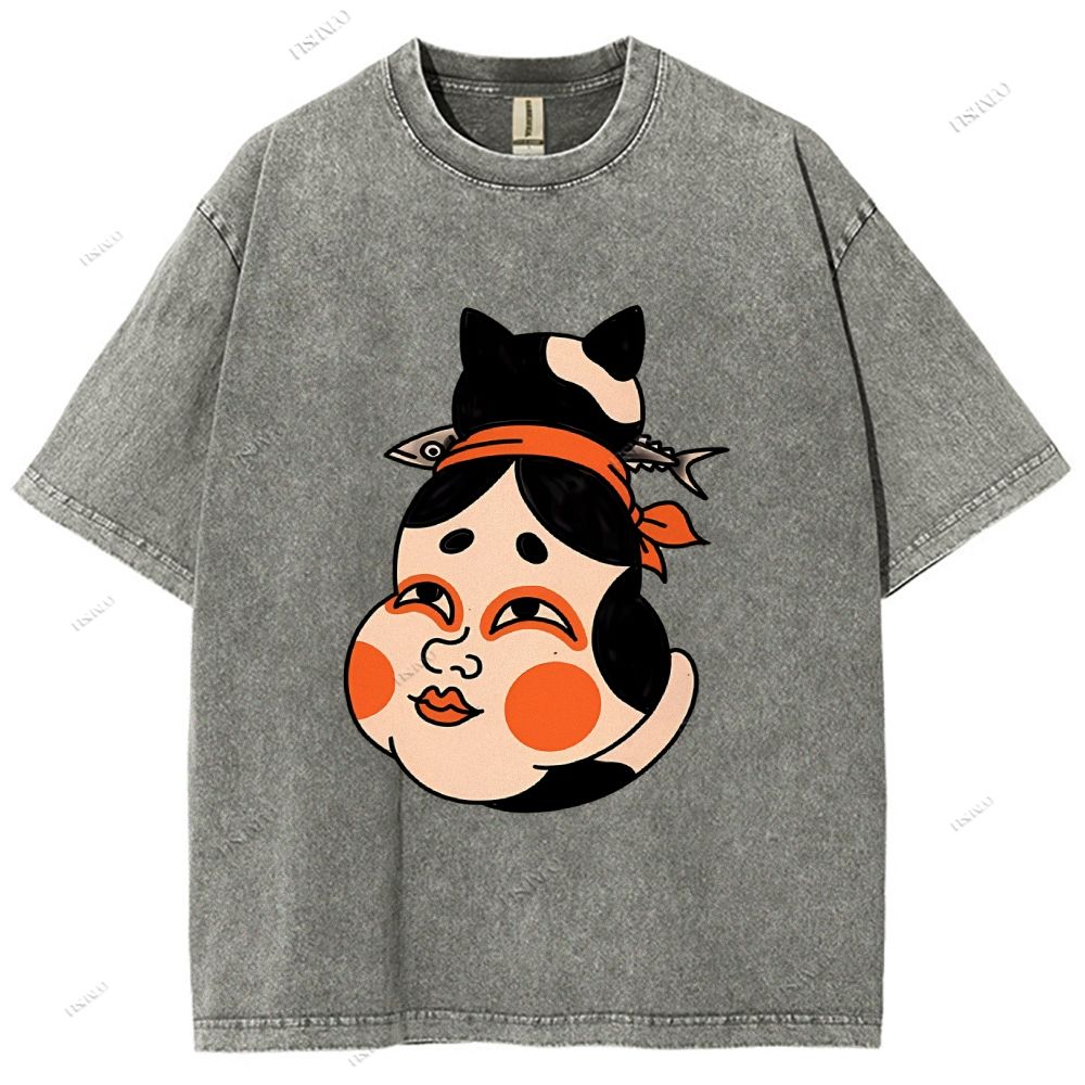 Unisex Japanese Geisha Cat Printed Washed Tee