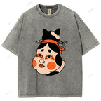 Unisex Japanese Geisha Cat Printed Washed Tee