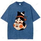 Unisex Japanese Geisha Cat Printed Washed Tee