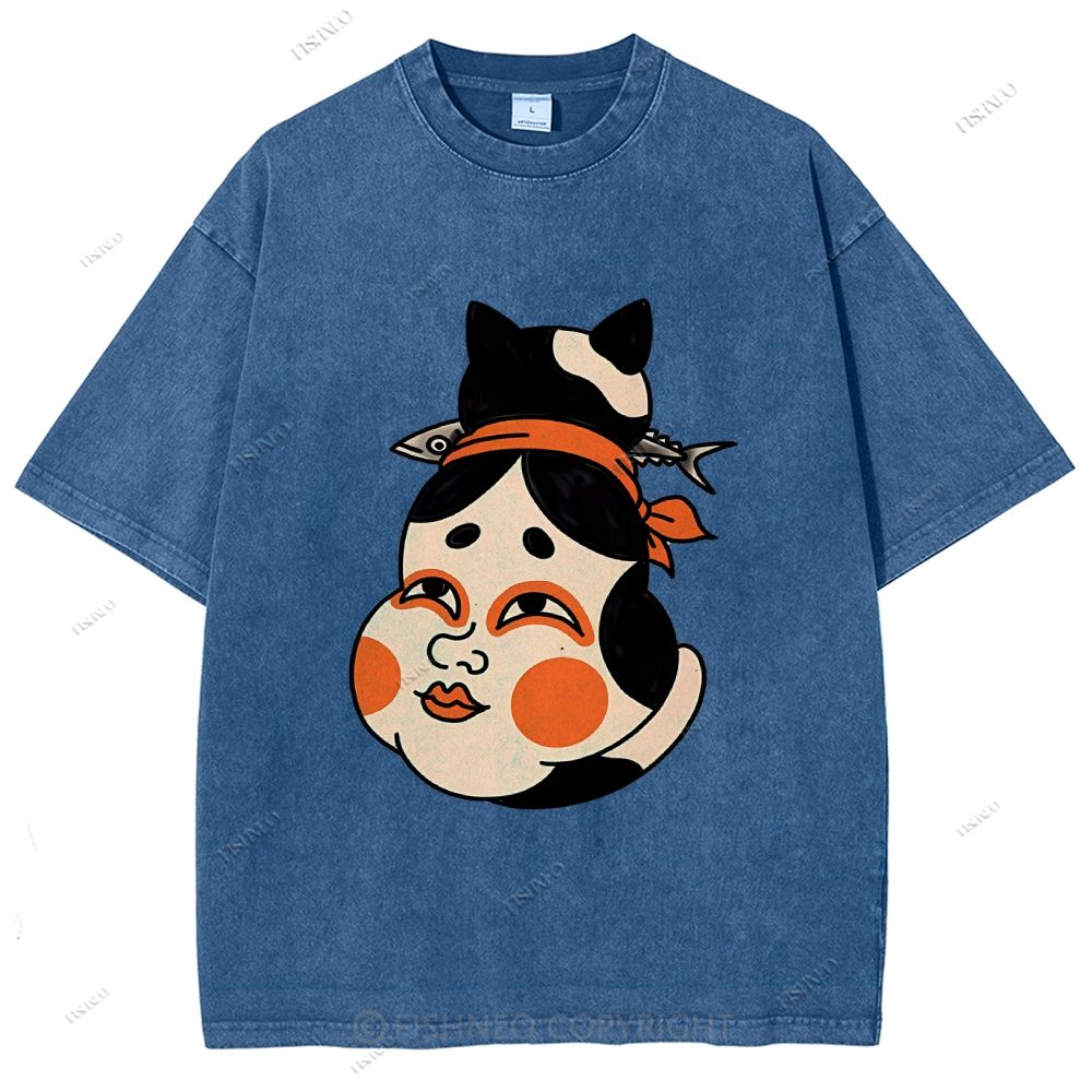 Unisex Japanese Geisha Cat Printed Washed Tee