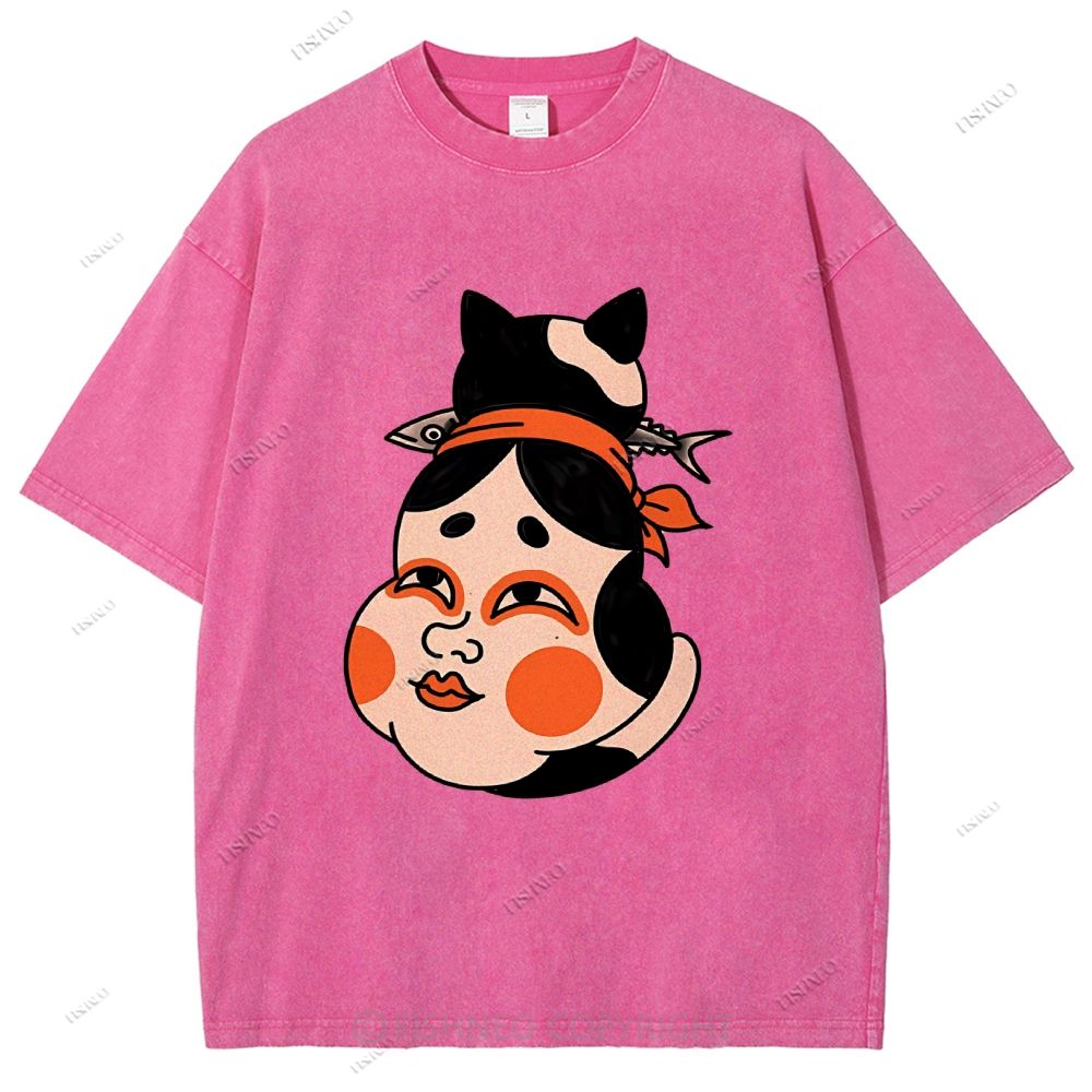 Unisex Japanese Geisha Cat Printed Washed Tee