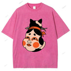 Unisex Japanese Geisha Cat Printed Washed Tee