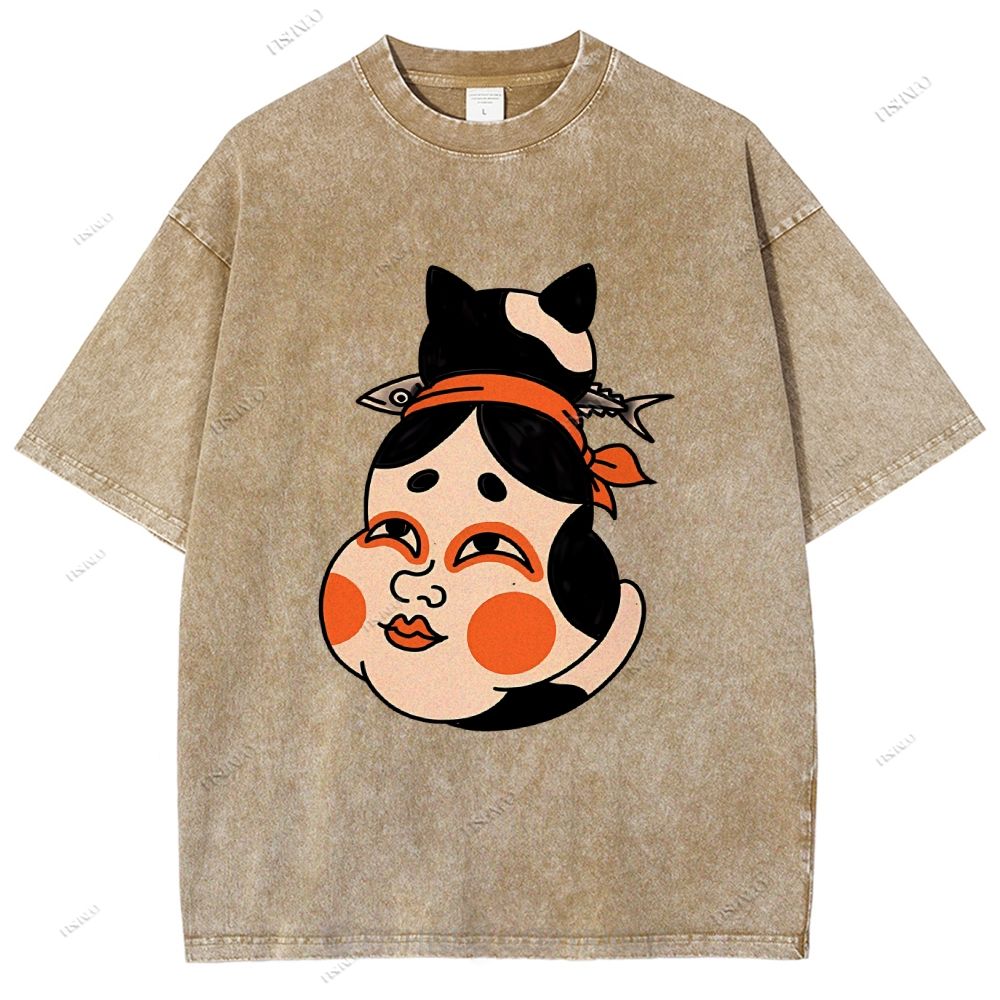Unisex Japanese Geisha Cat Printed Washed Tee