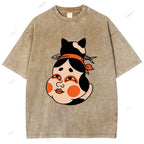 Unisex Japanese Geisha Cat Printed Washed Tee