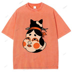 Unisex Japanese Geisha Cat Printed Washed Tee
