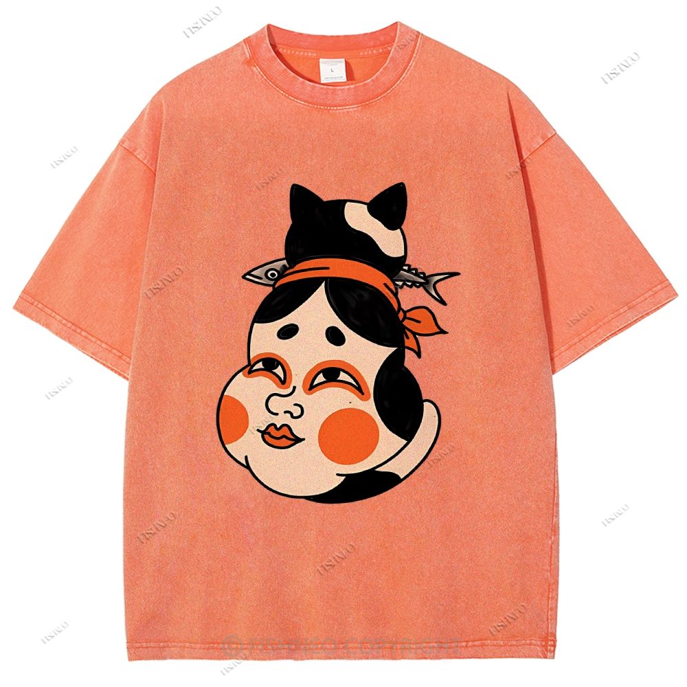 Unisex Japanese Geisha Cat Printed Washed Tee