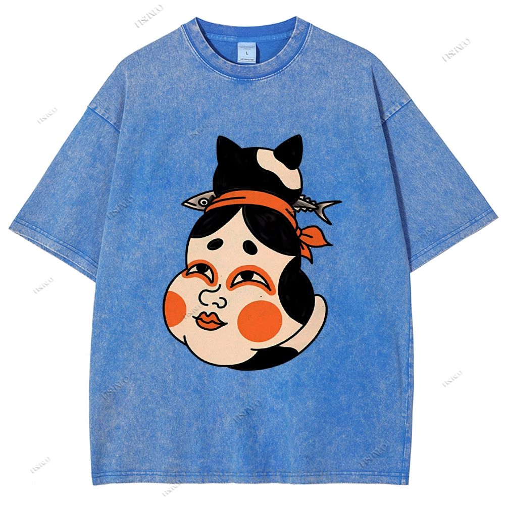 Unisex Japanese Geisha Cat Printed Washed Tee