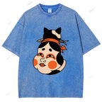 Unisex Japanese Geisha Cat Printed Washed Tee