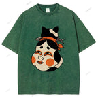 Unisex Japanese Geisha Cat Printed Washed Tee