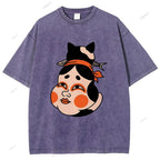 Unisex Japanese Geisha Cat Printed Washed Tee