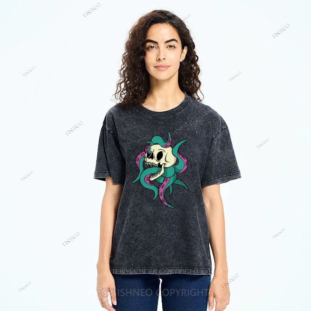 Unisex Octopus Skull Printed Washed Tee