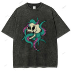 Unisex Octopus Skull Printed Washed Tee