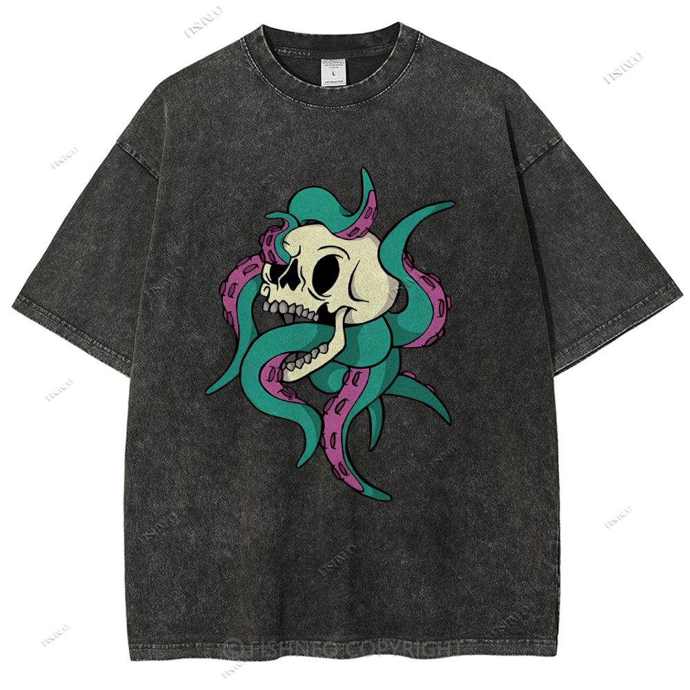 Unisex Octopus Skull Printed Washed Tee