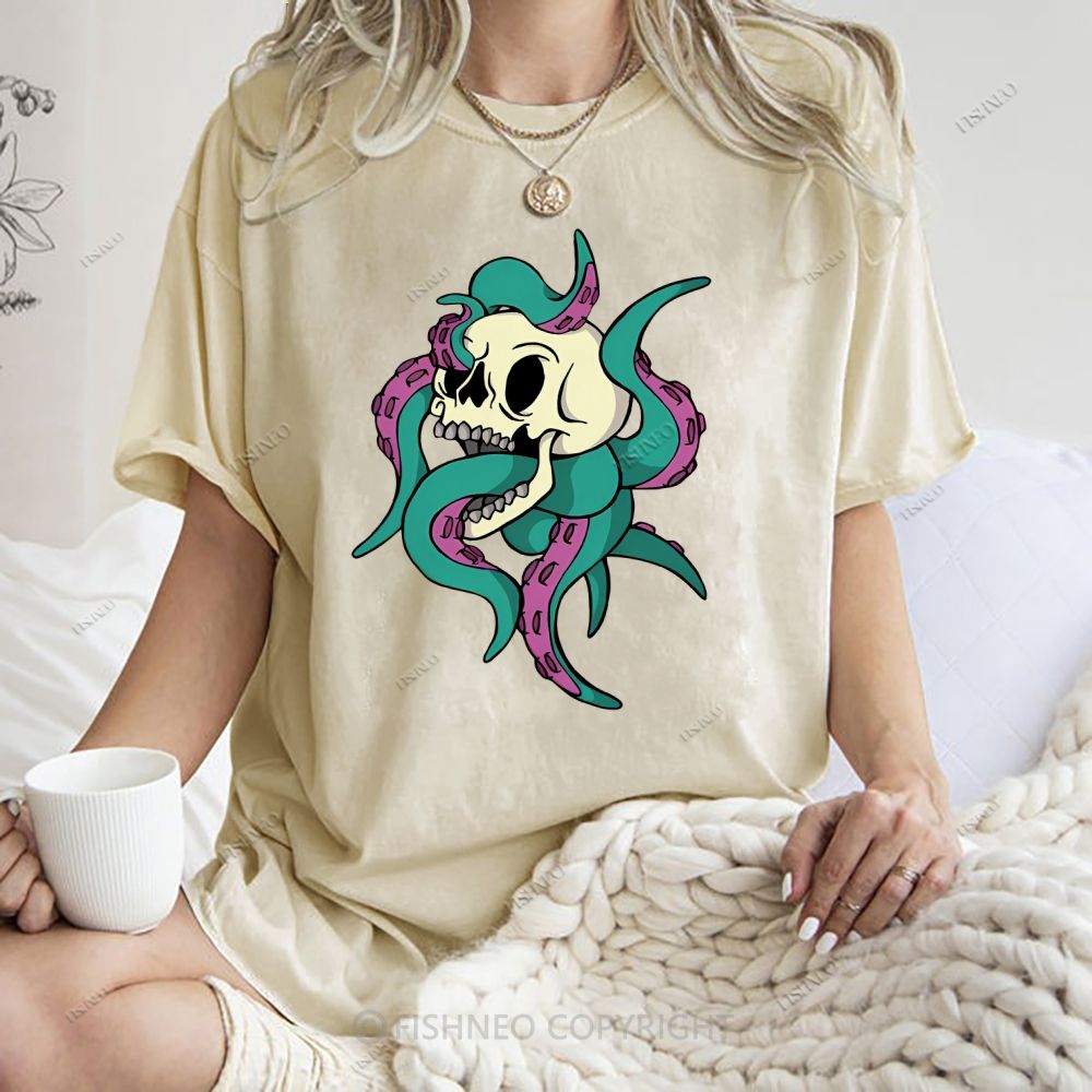 Unisex Octopus Skull Printed Washed Tee