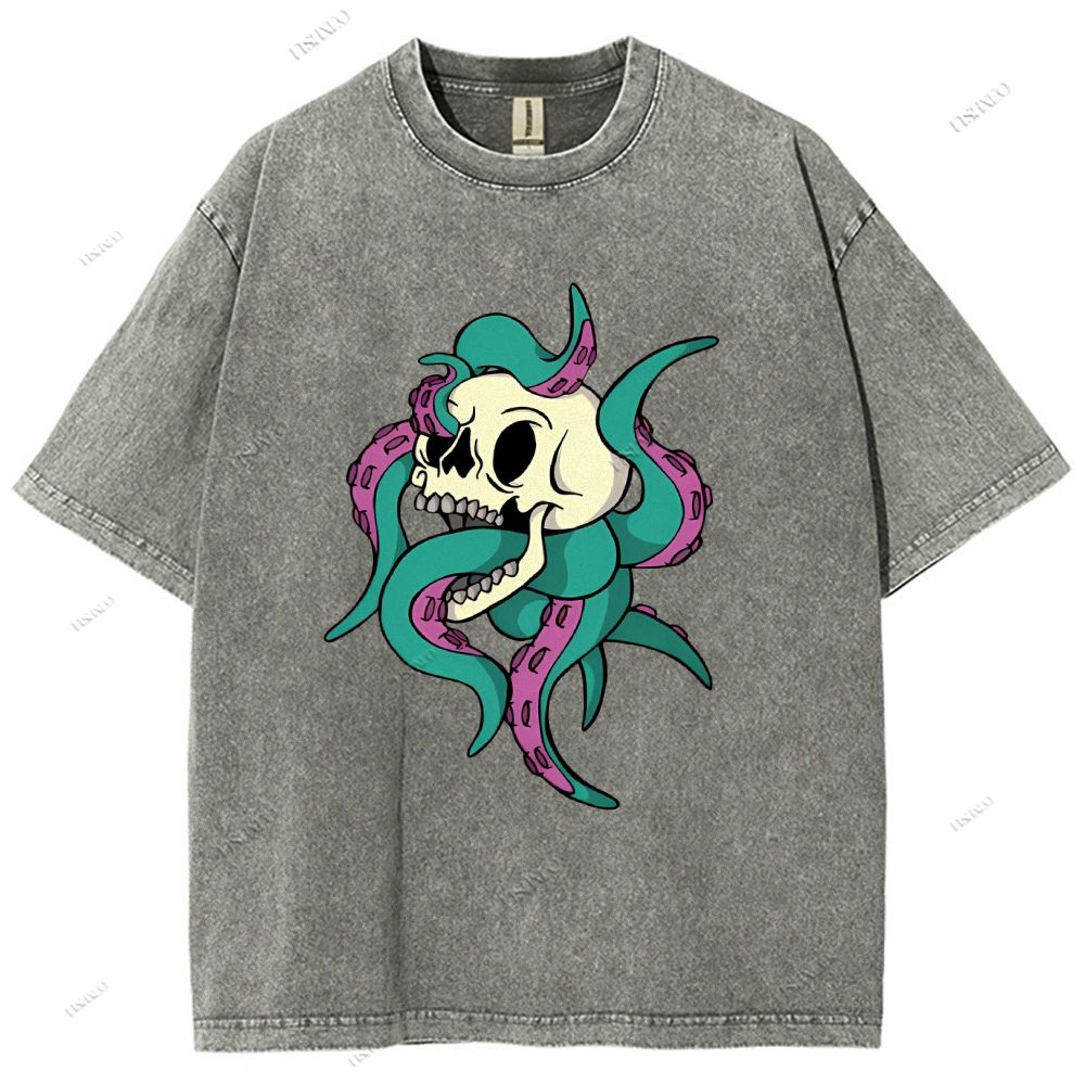 Unisex Octopus Skull Printed Washed Tee