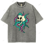 Unisex Octopus Skull Printed Washed Tee