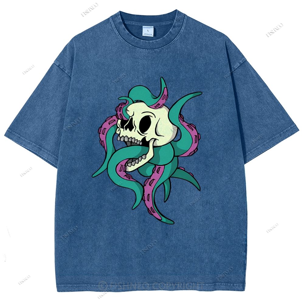 Unisex Octopus Skull Printed Washed Tee