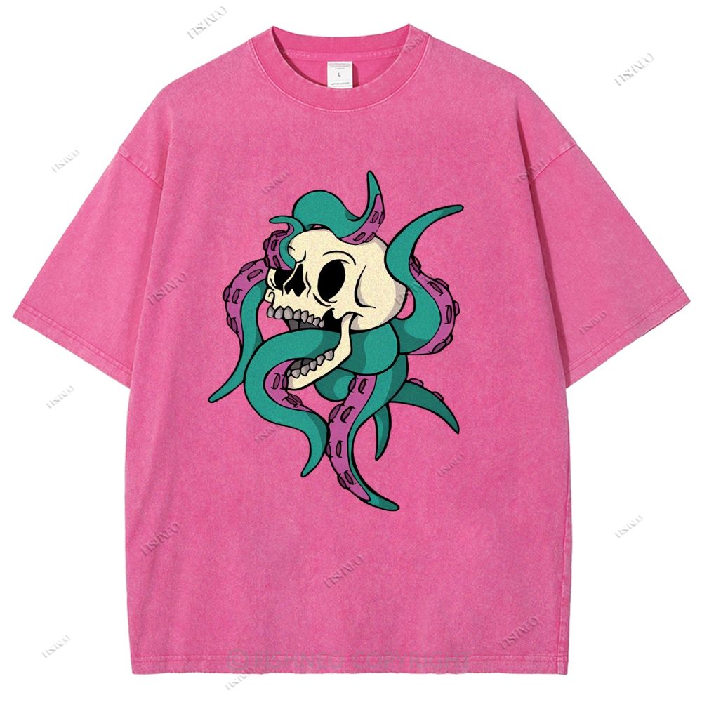 Unisex Octopus Skull Printed Washed Tee