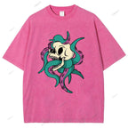 Unisex Octopus Skull Printed Washed Tee