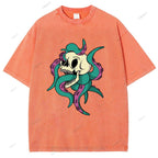 Unisex Octopus Skull Printed Washed Tee