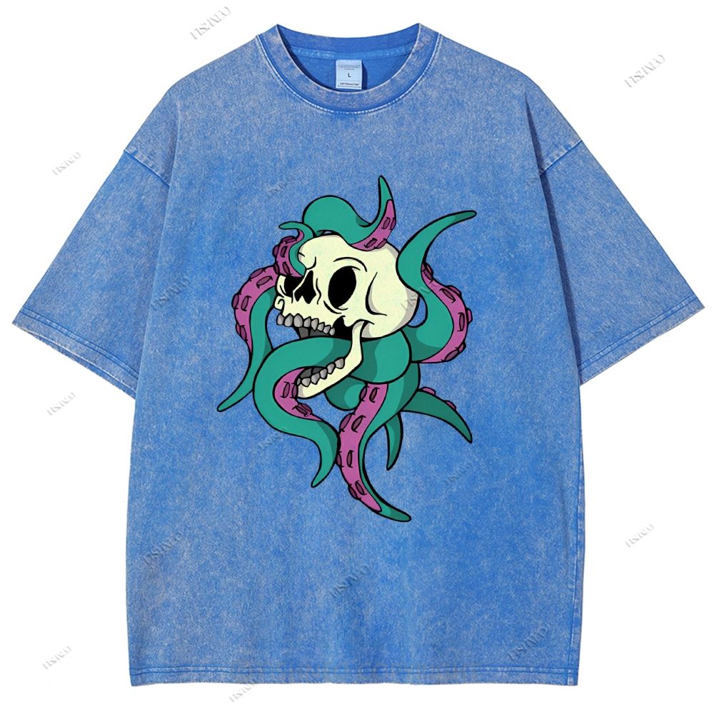 Unisex Octopus Skull Printed Washed Tee
