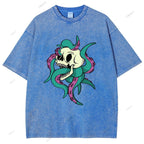Unisex Octopus Skull Printed Washed Tee