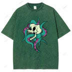 Unisex Octopus Skull Printed Washed Tee