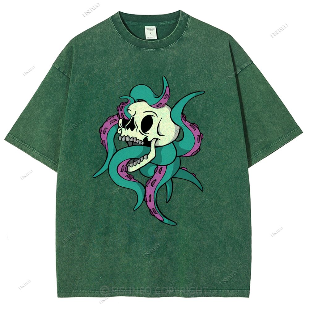 Unisex Octopus Skull Printed Washed Tee