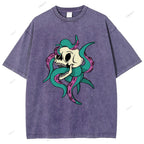 Unisex Octopus Skull Printed Washed Tee