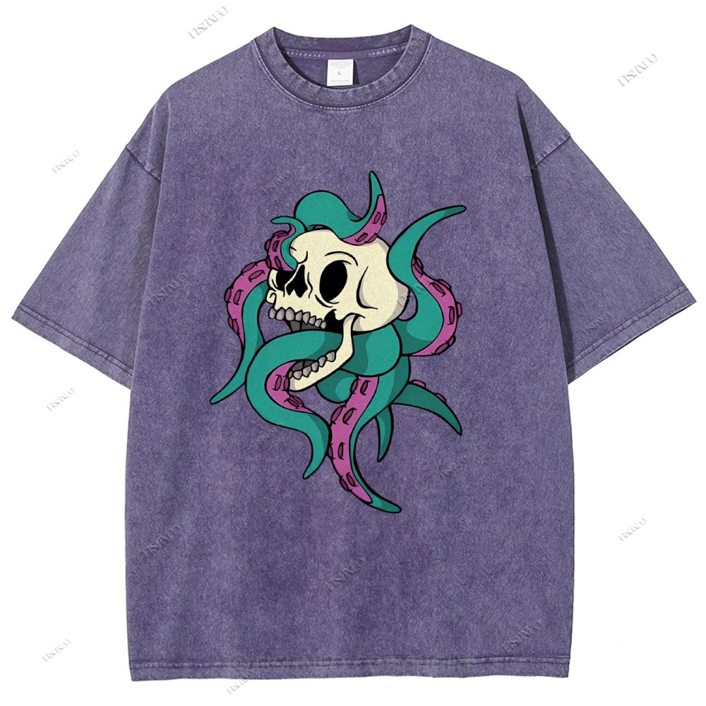 Unisex Octopus Skull Printed Washed Tee