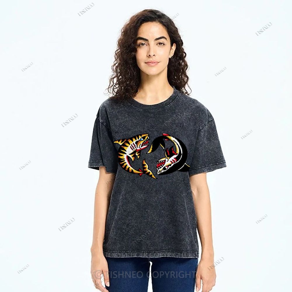 Unisex Shark Graffiti Printed Washed Tee