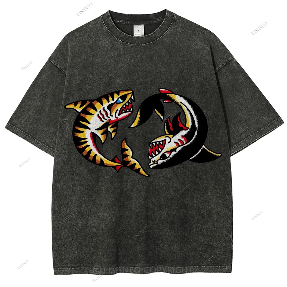 Unisex Shark Graffiti Printed Washed Tee
