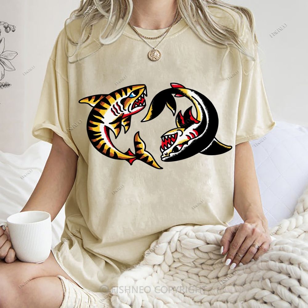 Unisex Shark Graffiti Printed Washed Tee