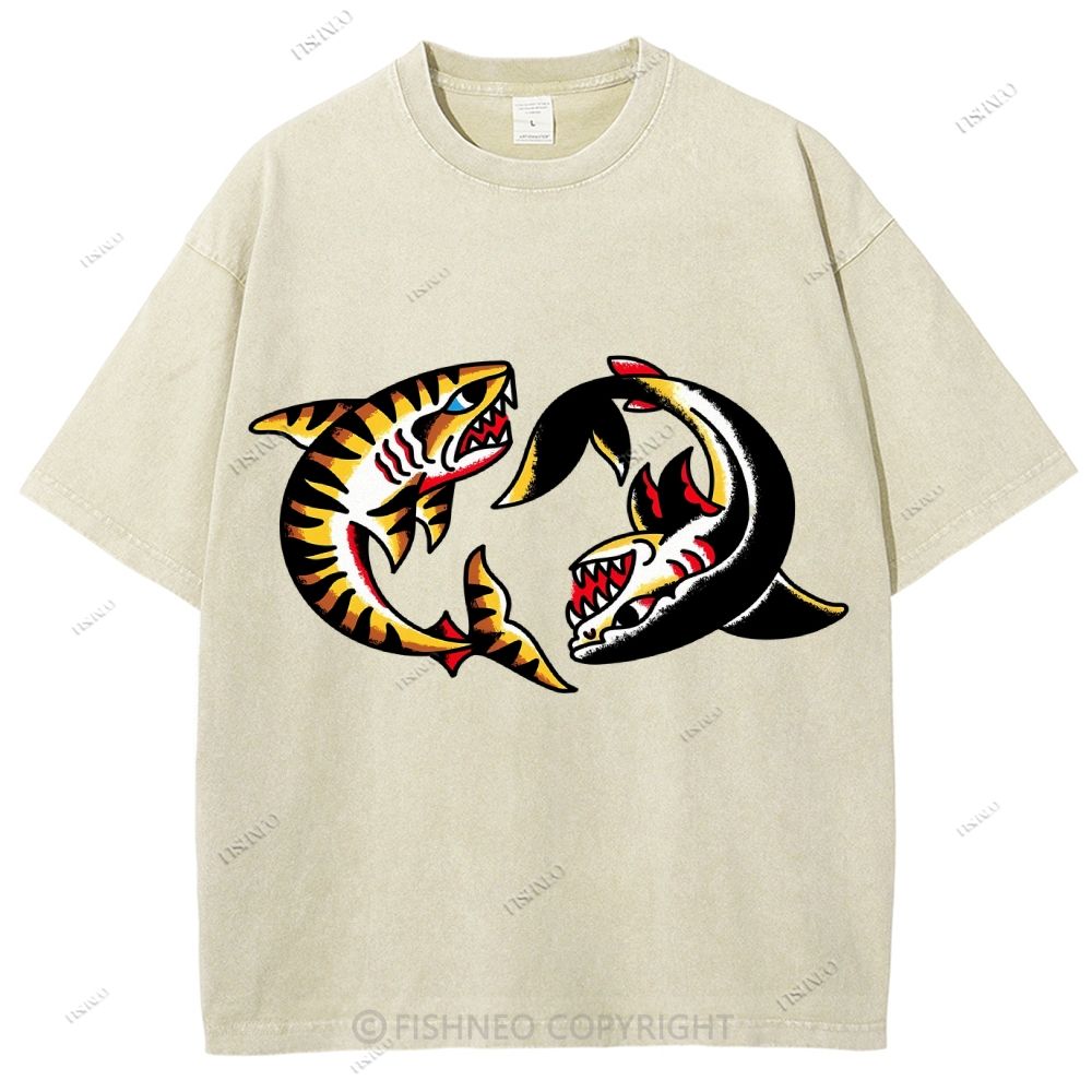 Unisex Shark Graffiti Printed Washed Tee
