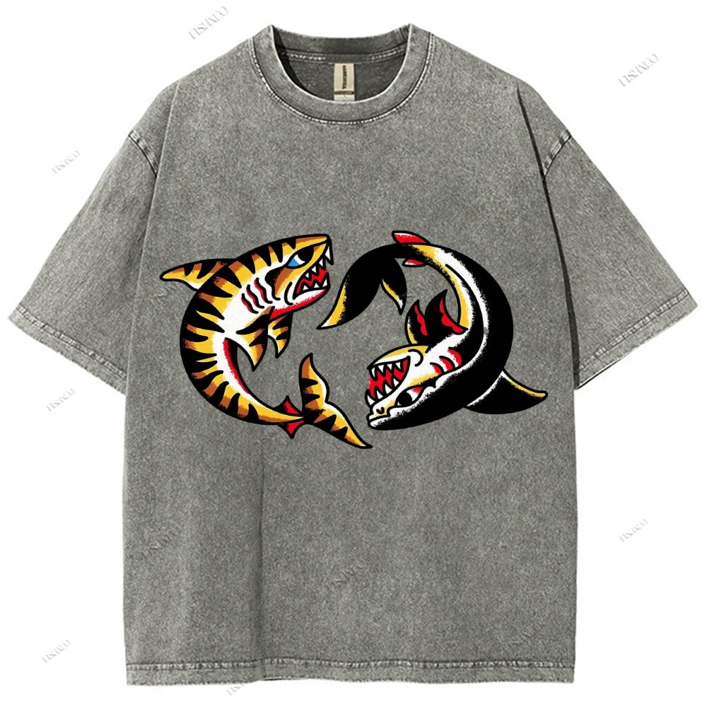 Unisex Shark Graffiti Printed Washed Tee