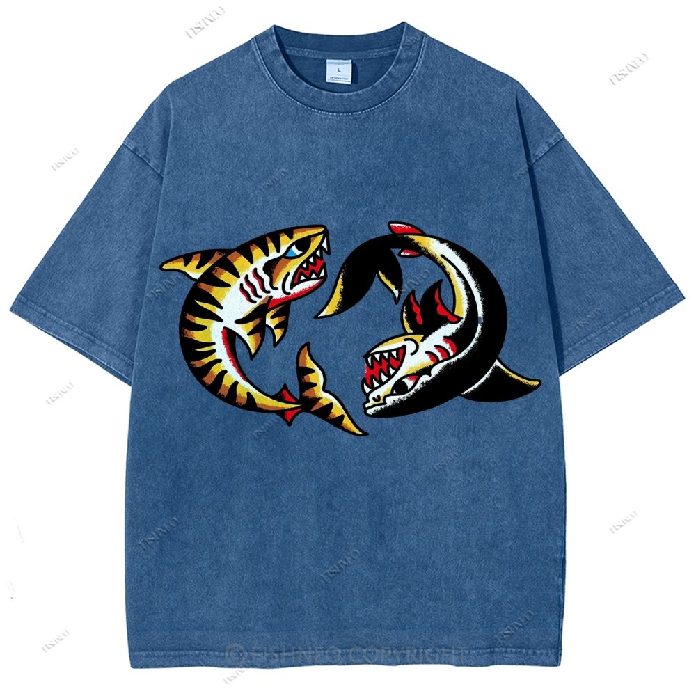 Unisex Shark Graffiti Printed Washed Tee