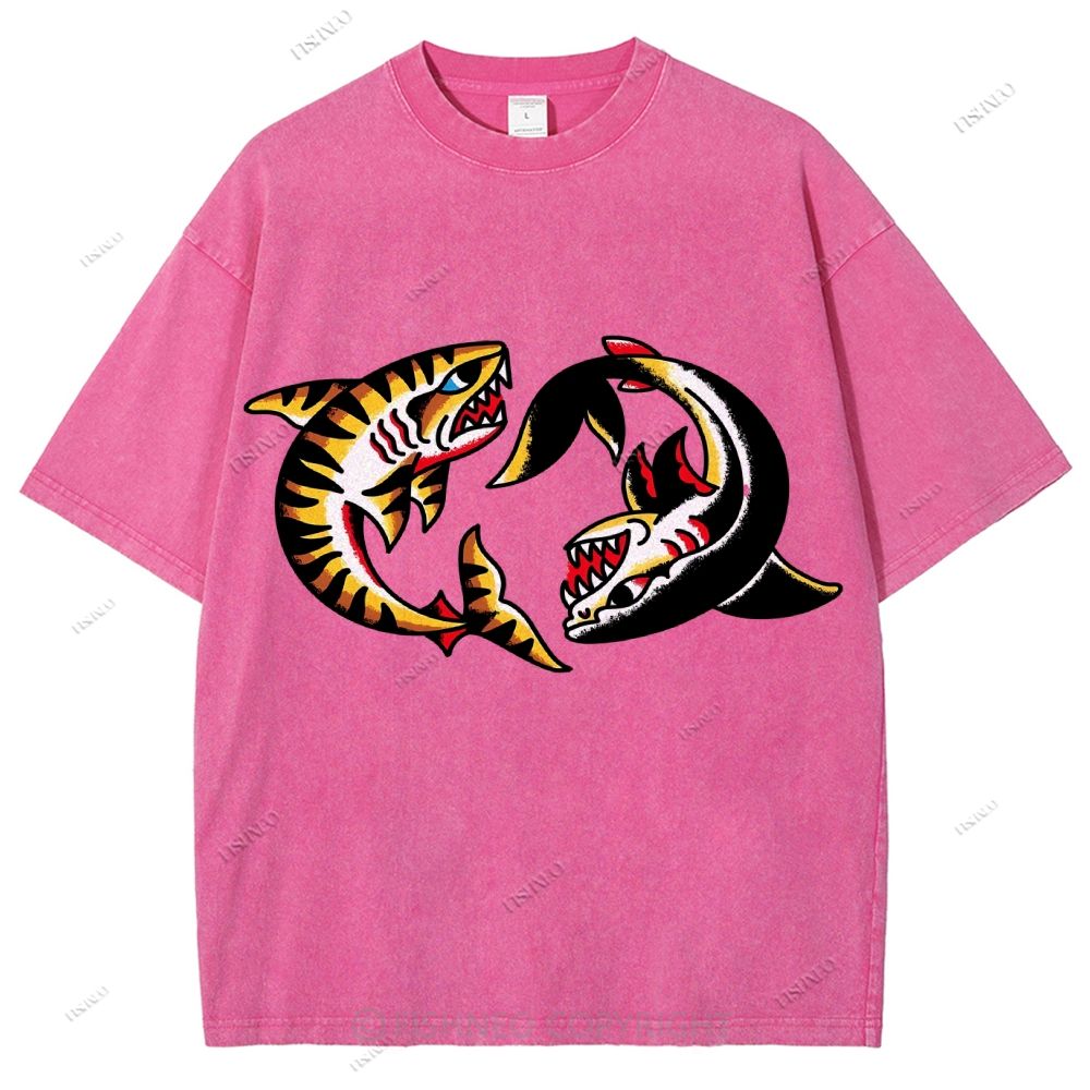 Unisex Shark Graffiti Printed Washed Tee